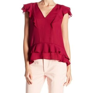 Parker Women's V Neck Short Sleeve Ruffle Blouse in Beetroot SZ XS
